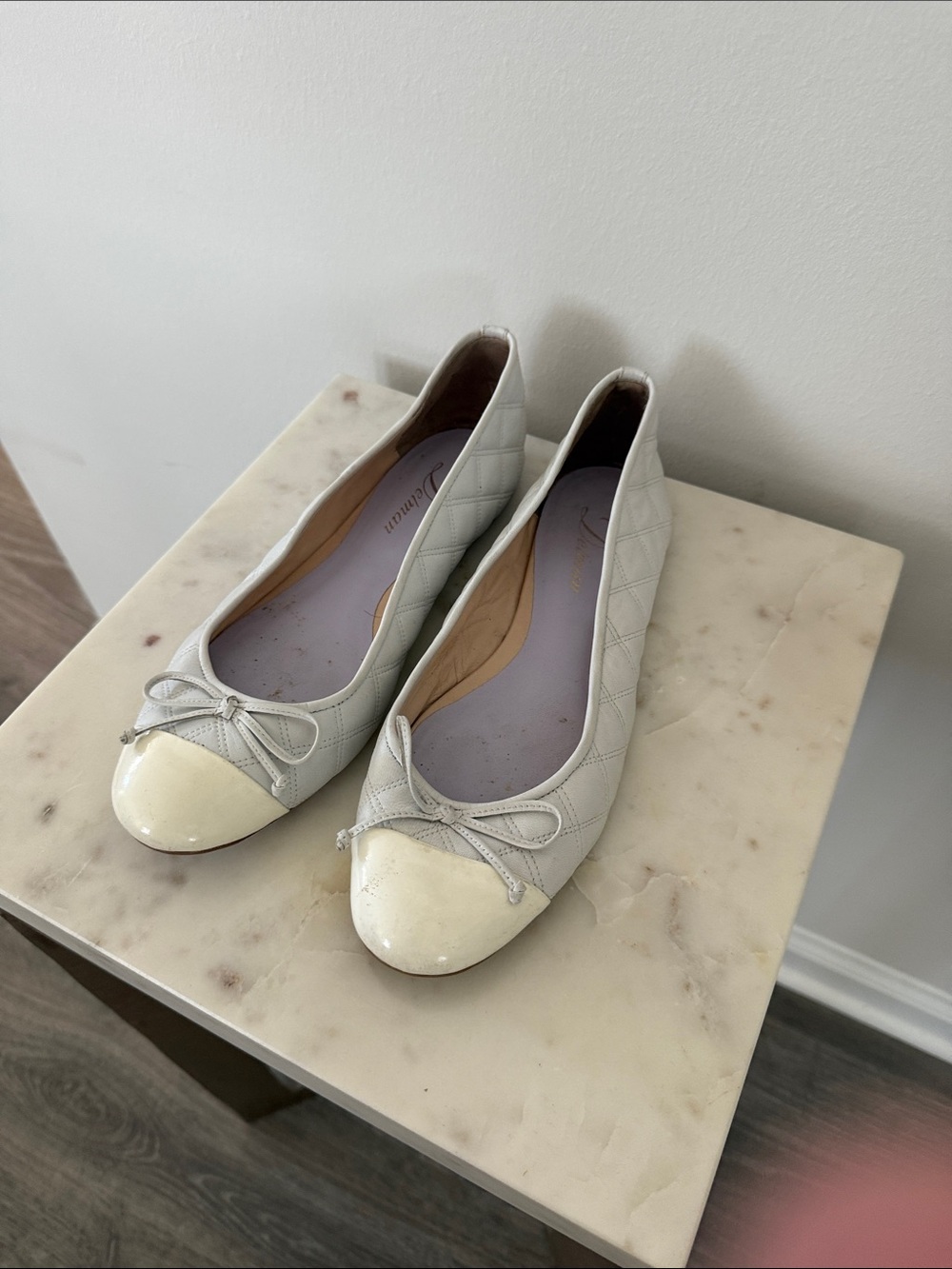 Delman Classic Quilted Ivory Ballet Flats with Patent Cap Toe